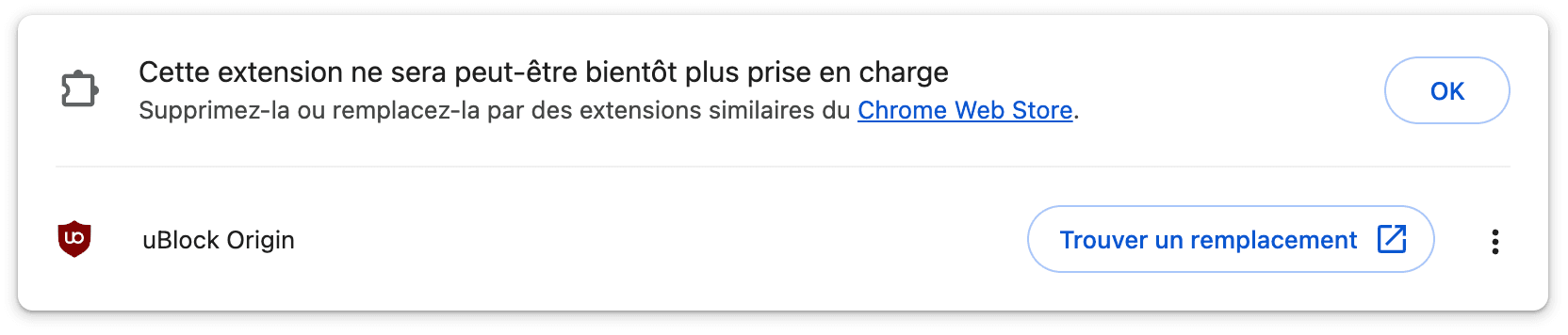 Message de suppression de uBlock Origin dans Google Chrome